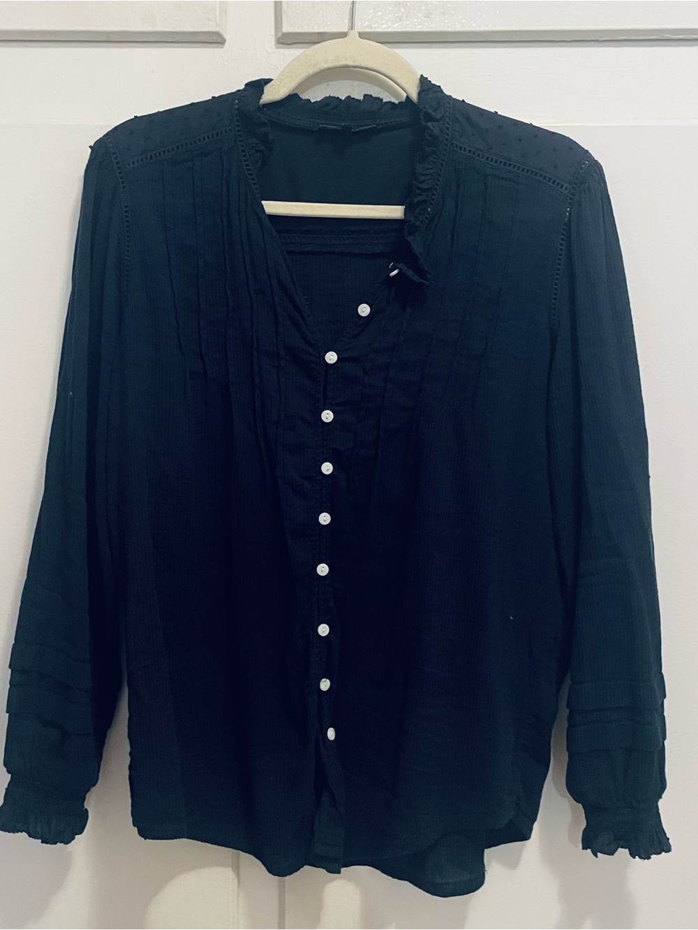 Quince Navy Blue Peasant Blouse with Ruffled Collar and Sleeve Details